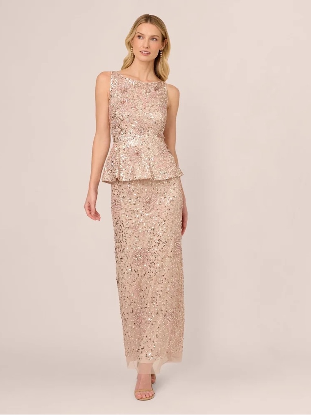 Adrianna Papell Blush Sequin and Pearl Embellished Evening Dress